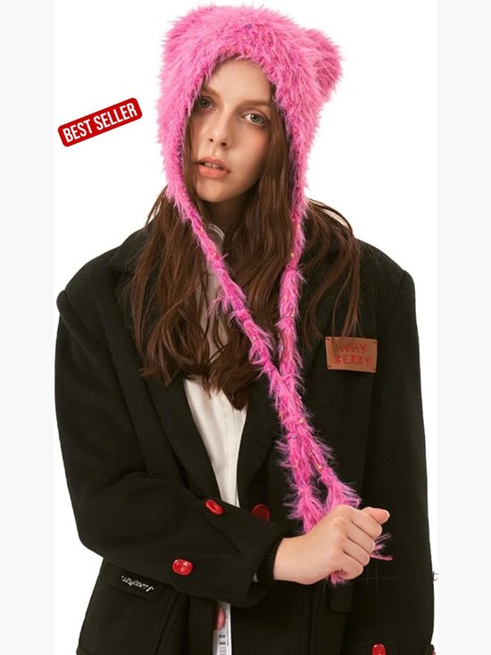 Cute Cat Ear y2k Furry Knit Beanie with Long Ear Straps Winter Hat
